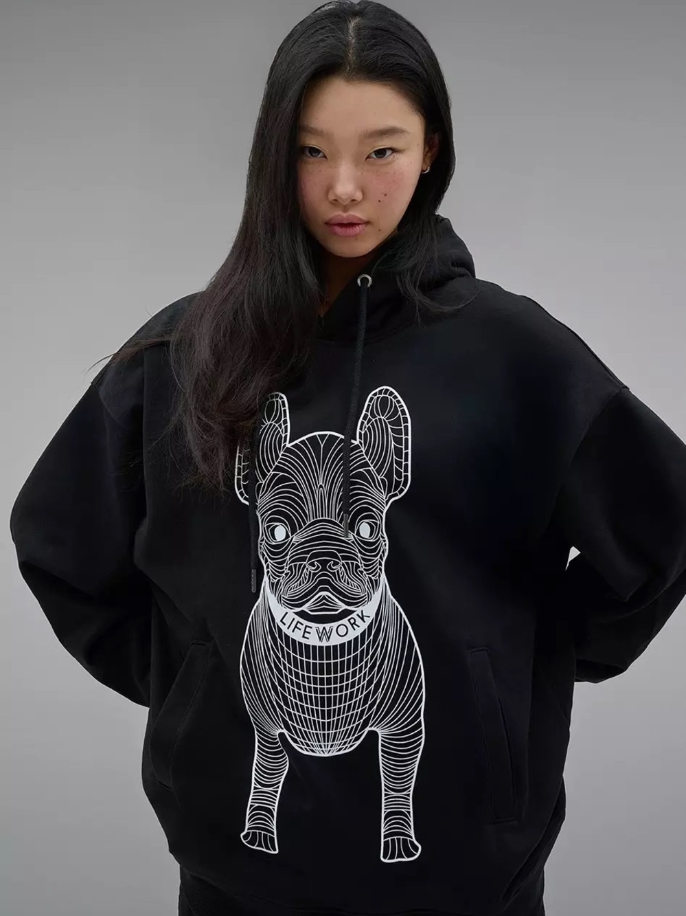 Lifework Big Radog Logo Hoodie Frenchie Dog Black Korean Streetwear Size Medium